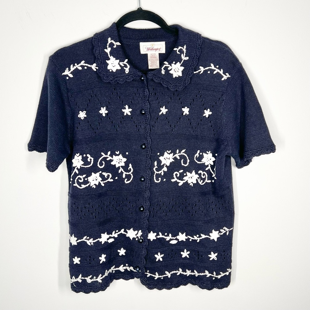 Worthington Embroidered Navy Cardigan Short Sleeve Sweater Crochet Large Petite